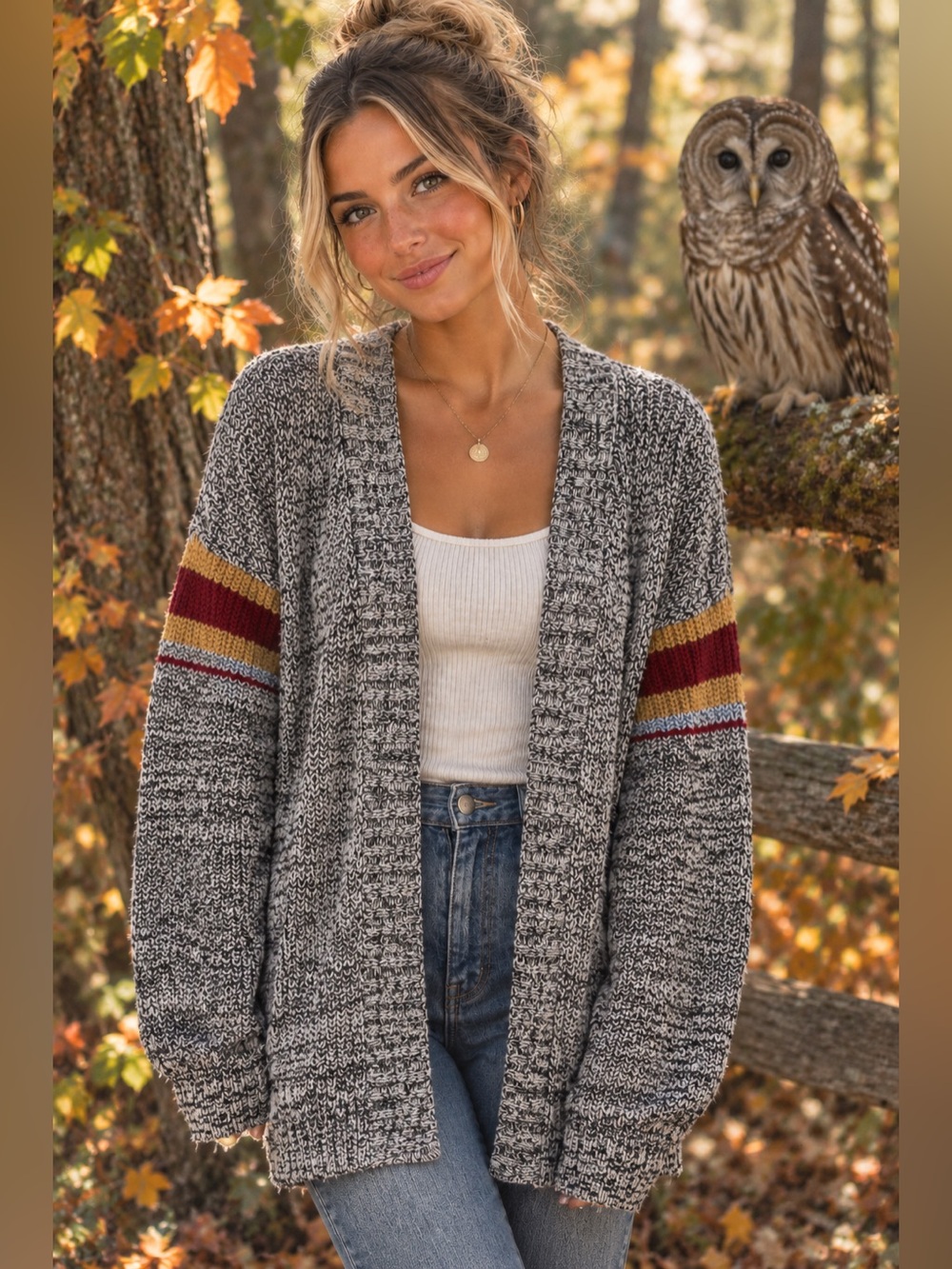 Pink Rose Gray Marled Open-Front Cardigan with Burgundy and Mustard Stripes